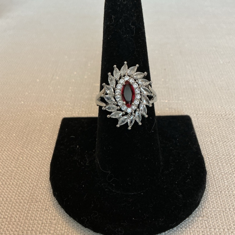 Red Marquise Glass Silver Tone Cocktail Ring